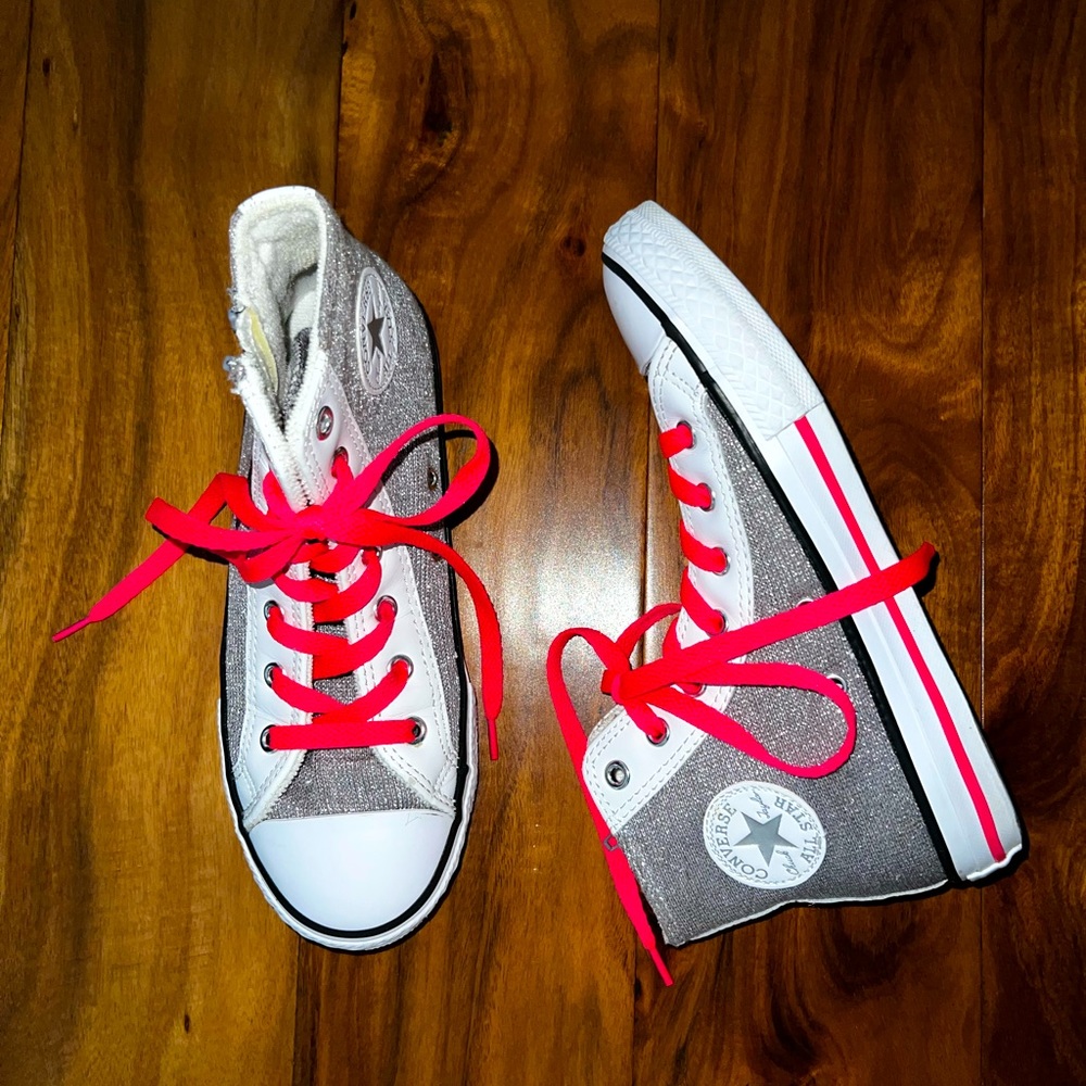 Converse High Top Silver Glitter With Neon Pink Laces (Juniors)